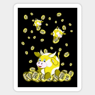 lucky yellow bubble cow with gold coins Sticker